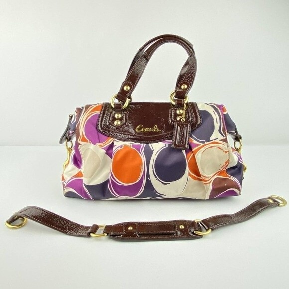 Coach Ashley Shoulder Bag Womens Scarf Print Sateen Purple Multicolor Purse - Picture 5 of 12